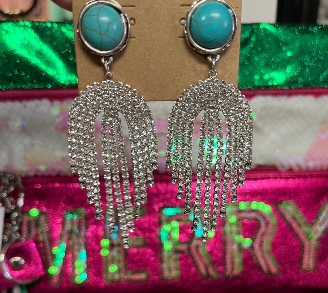 SILVER AND TURQUOISE FRINGE RHINESTONE EARRINGS