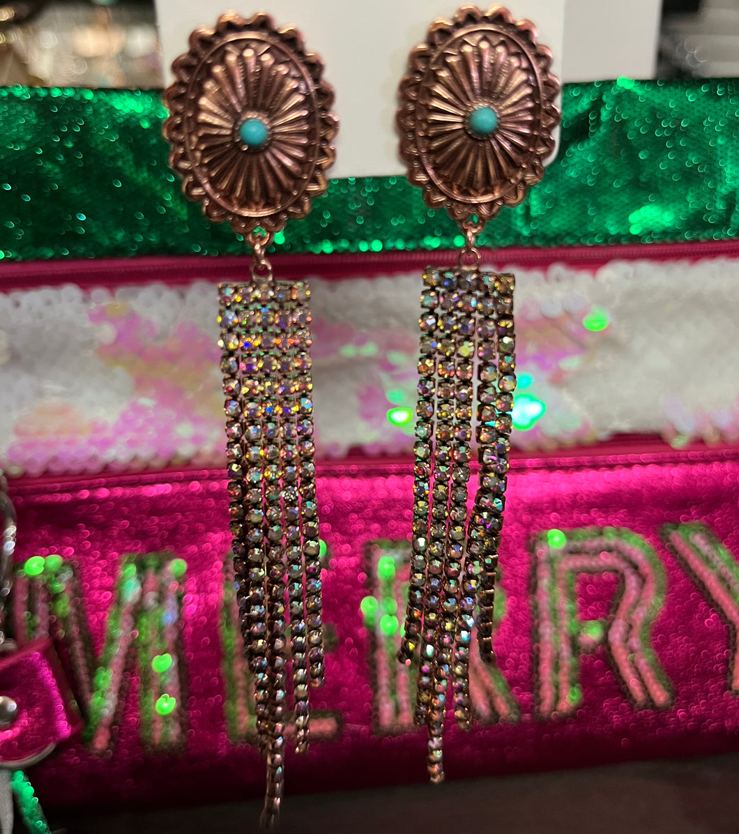 COPPER FRINGE RHINESTONE EARRINGS