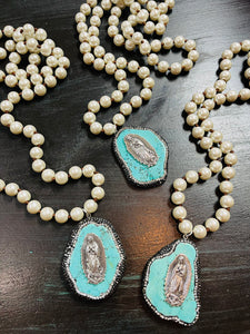 10mm PEARL NECKLACE W VIRGIN TURQUOISE PENDANT