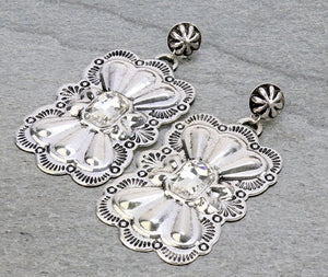 3” CLEAR RHINESTONE SILVER WESTERN CONCHO EARRINGS