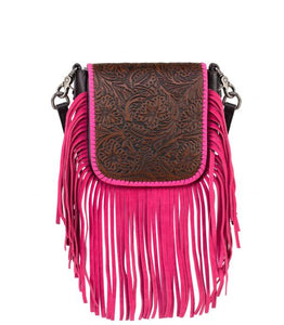 MONTANA WEST BROWN GENUINE LEATHER TOOLED PINK FRINGE CROSS BODY