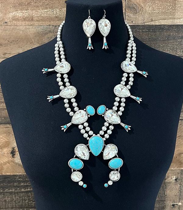 SQUASH BLOSSOM TURQUOISE AND CLEAR RHINESTONE NECKLACE WITH EARRINGS