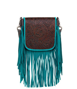 MONTANA WEST BROWN  GENUINE LEATHER  TOOLED TURQUOISE FRINGE CROSS BODY