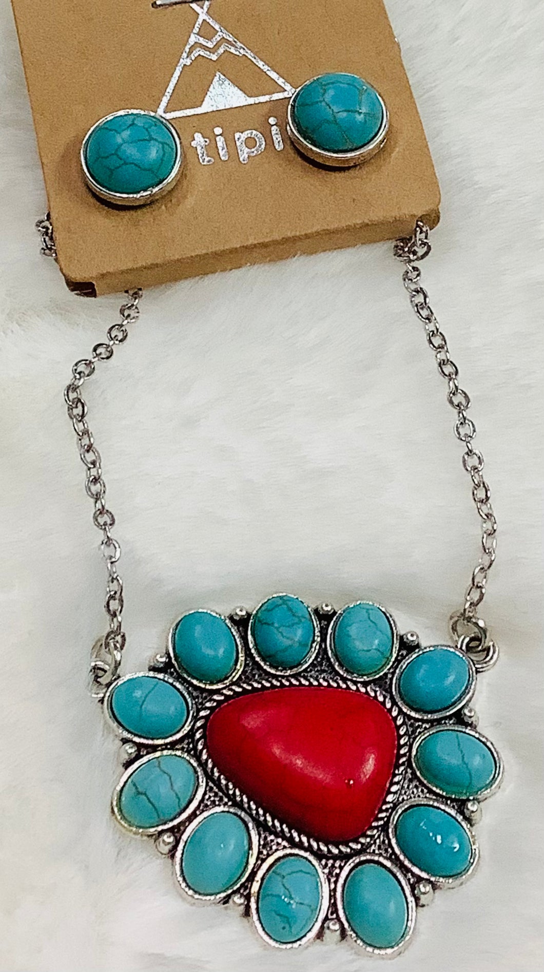 Turquoise & Coral Pendant Necklace