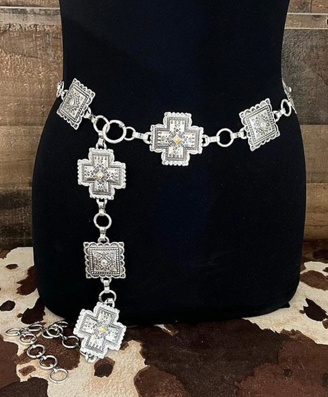 IRIDESCENT CRYSTAL CROSS CONCHO BELT