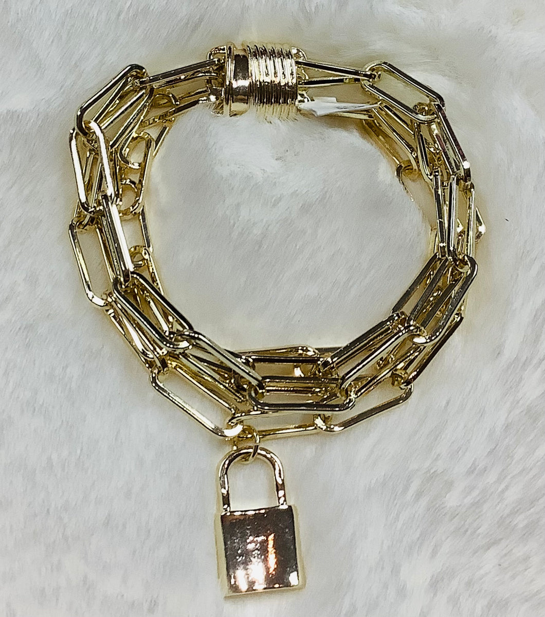 Gold Rhodium Paper Clip Bracelet with Lock & magnetic clasp