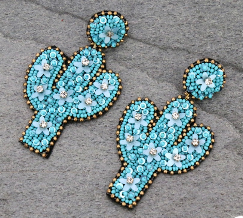 TURQUOISE SEED BEAD CACTUS EARRINGS