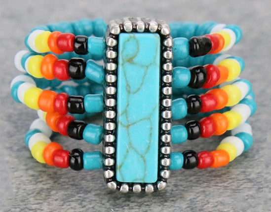 5 LAYERED SEED BEAD WITH TURQUOISE BAR STRETCH RING