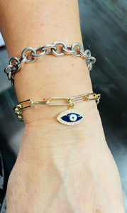 Rhodium Plated Paper Clip Bracelet with Blue Rhinestone Eye