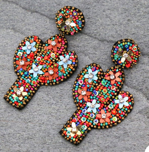 RUST MULTI SEED BEAD CACTUS EARRINGS