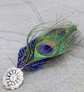 6” PEACOCK FEATHER & CONCHO HAT PIN