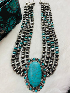 NAVAJO LAYERED WITH TURQUOISE PENDANT NECKLACE SET